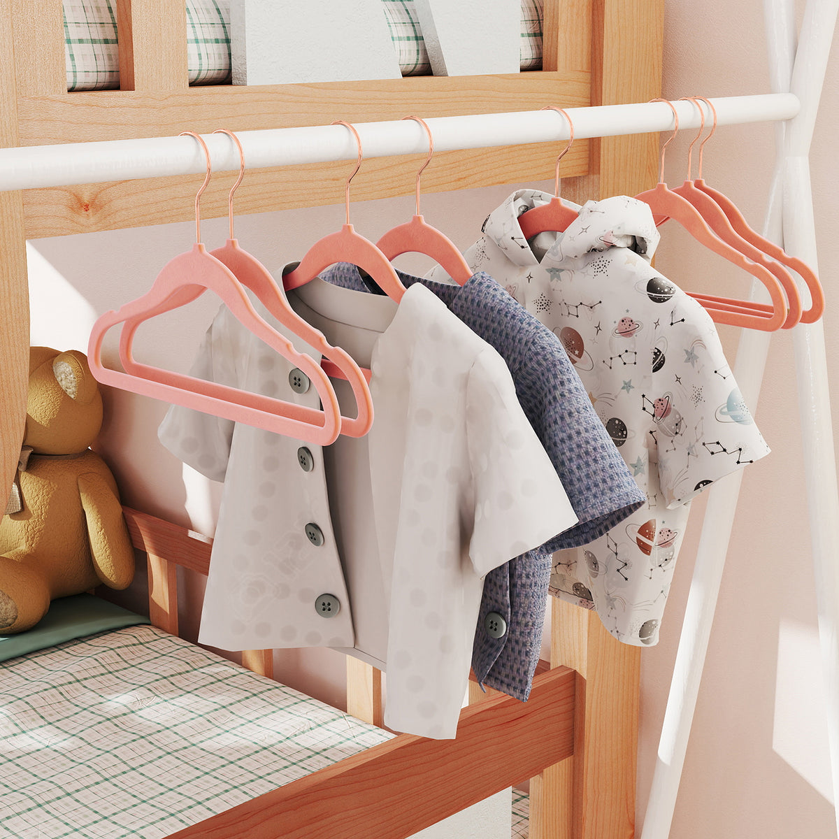 LEDREM 30-Pack Kids Hangers, 11.8 Inch Velvet Children's Hangers with 360° Swivel Hooks, Non-Slip Space-Saving for Closet Nursery, Pink