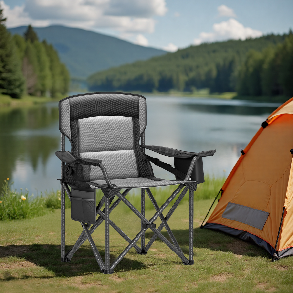 Oversized Folding Camping Chair with Cooler Bag, Adjustable Lumbar Support and Armrests, Heavy-Duty 450 lb Capacity, Ink Black