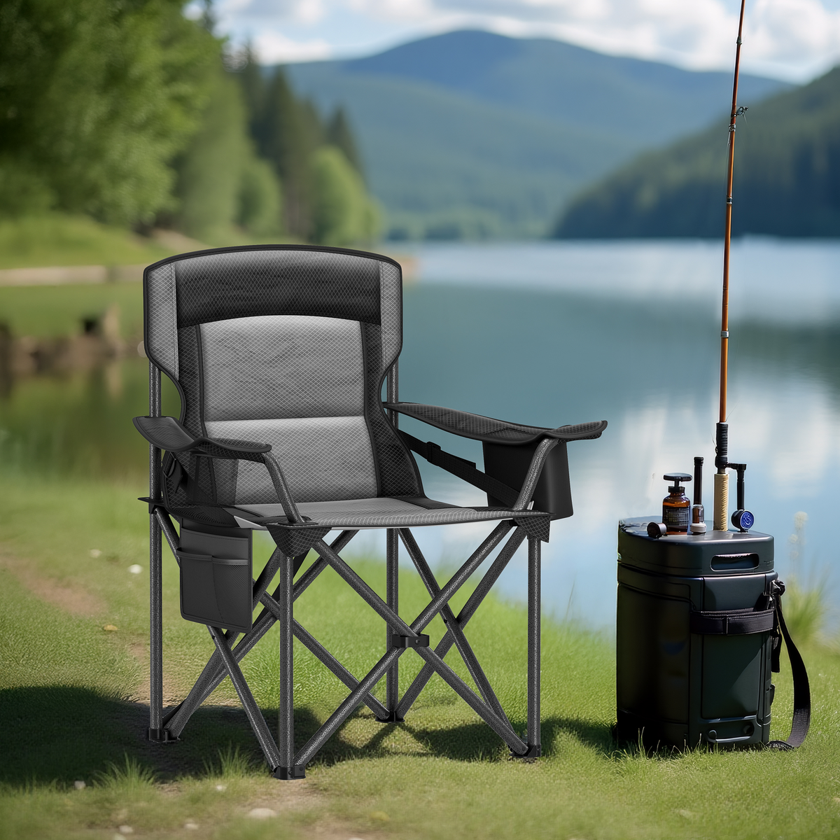 Oversized Folding Camping Chair with Cooler Bag, Adjustable Lumbar Support and Armrests, Heavy-Duty 450 lb Capacity, Ink Black