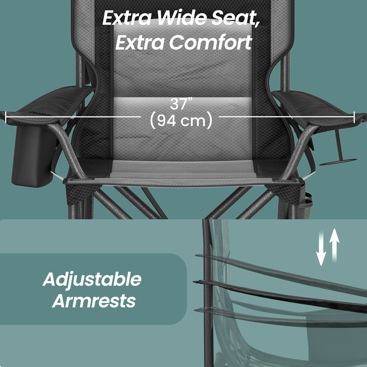 Oversized Folding Camping Chair with Cooler Bag, Adjustable Lumbar Support and Armrests, Heavy-Duty 450 lb Capacity, Ink Black