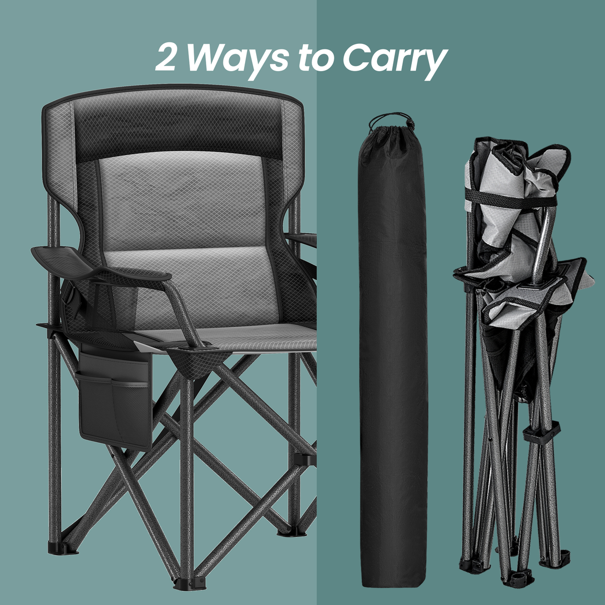 Oversized Folding Camping Chair with Cooler Bag, Adjustable Lumbar Support and Armrests, Heavy-Duty 450 lb Capacity, Ink Black