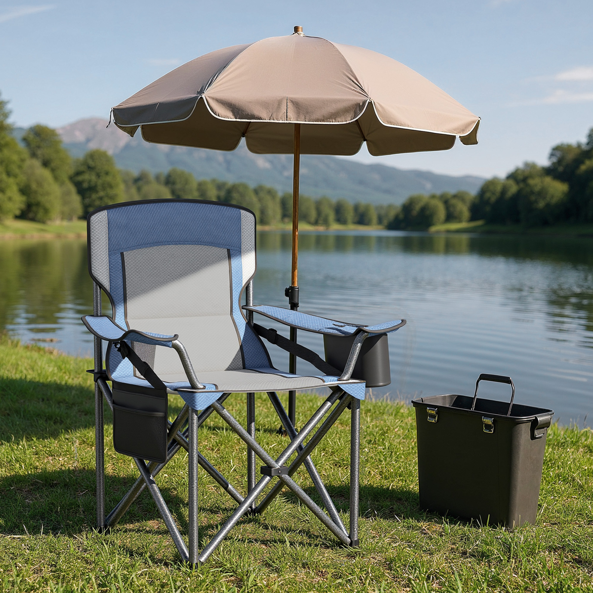 Oversized Folding Camping Chair with Cooler Bag, Adjustable Lumbar Support and Armrests, Heavy-Duty 450 lb Capacity, Harbor Blue