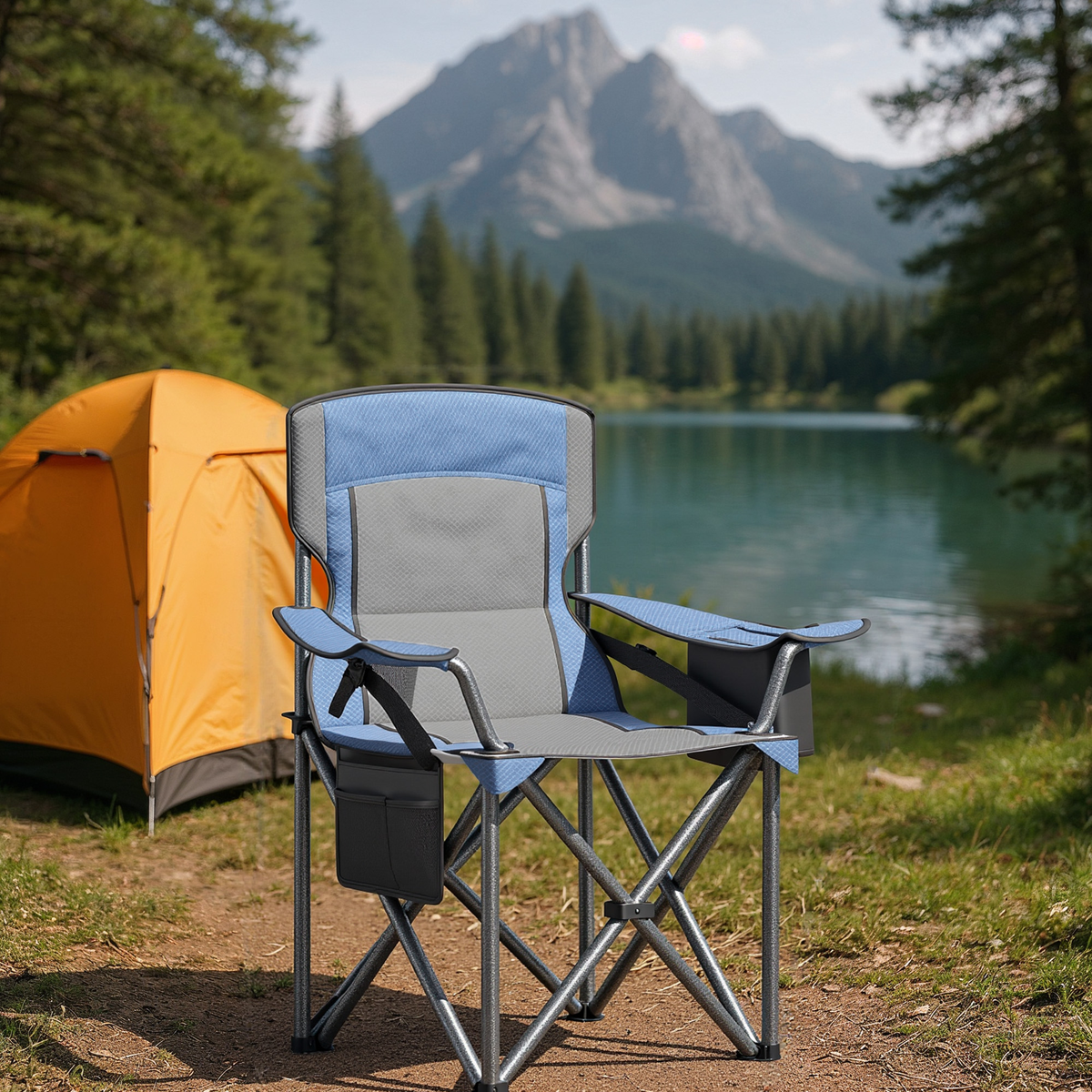 Oversized Folding Camping Chair with Cooler Bag, Adjustable Lumbar Support and Armrests, Heavy-Duty 450 lb Capacity, Harbor Blue