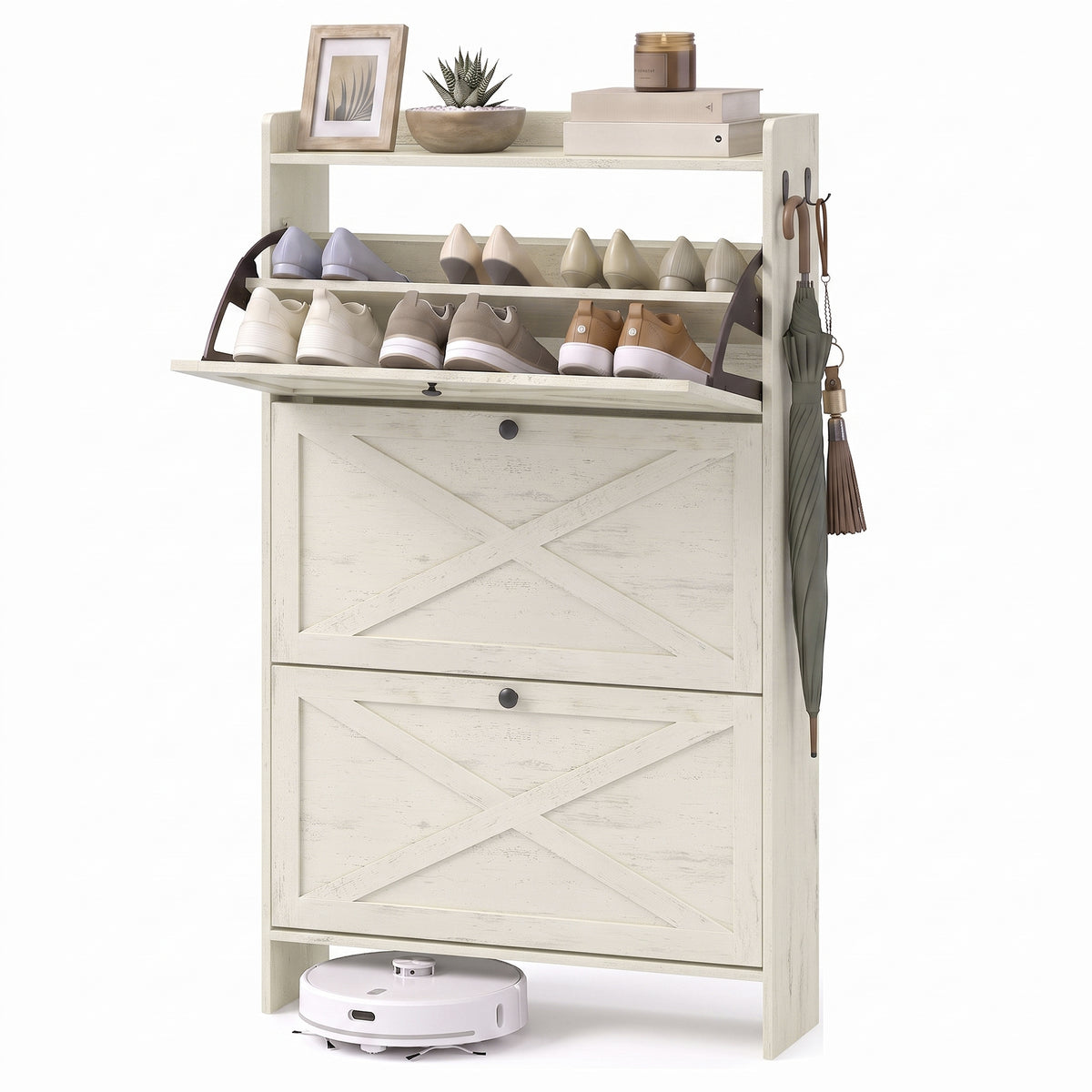 3-Door Shoe Cabinet with Flip Drawers, Freestanding Shoe Storage Cabinet for Entryway, Space-Saving X-Design Shoe Organizer for Hallway, Living Room, Closet, White