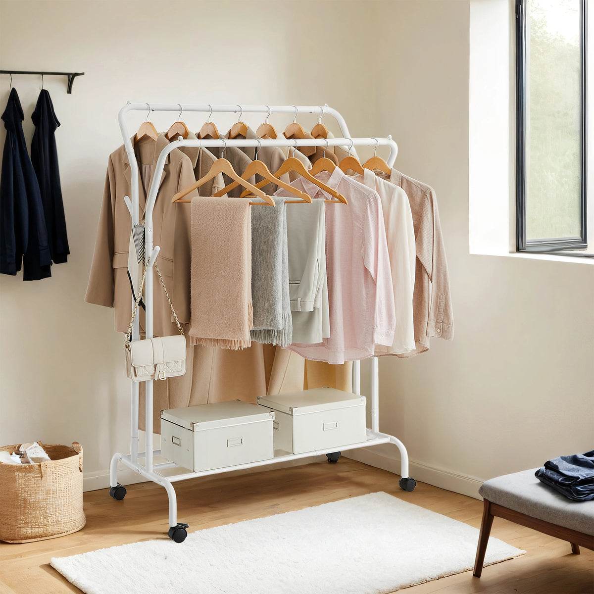 Double-Rod Clothes Rack with Wheels, 2 Height Rails & Bottom Shelf, 220 lb Capacity, Swivel Caster Frame, White