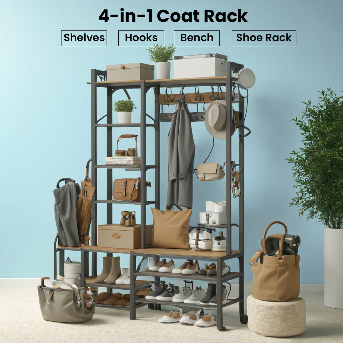 Hall Tree with Bench and Shoe Storage, Entryway Coat Rack with 9 Hooks, 5 Shelves, 2-Tier Adjustable Shoe Rack, Rustic Brown and Ink Black