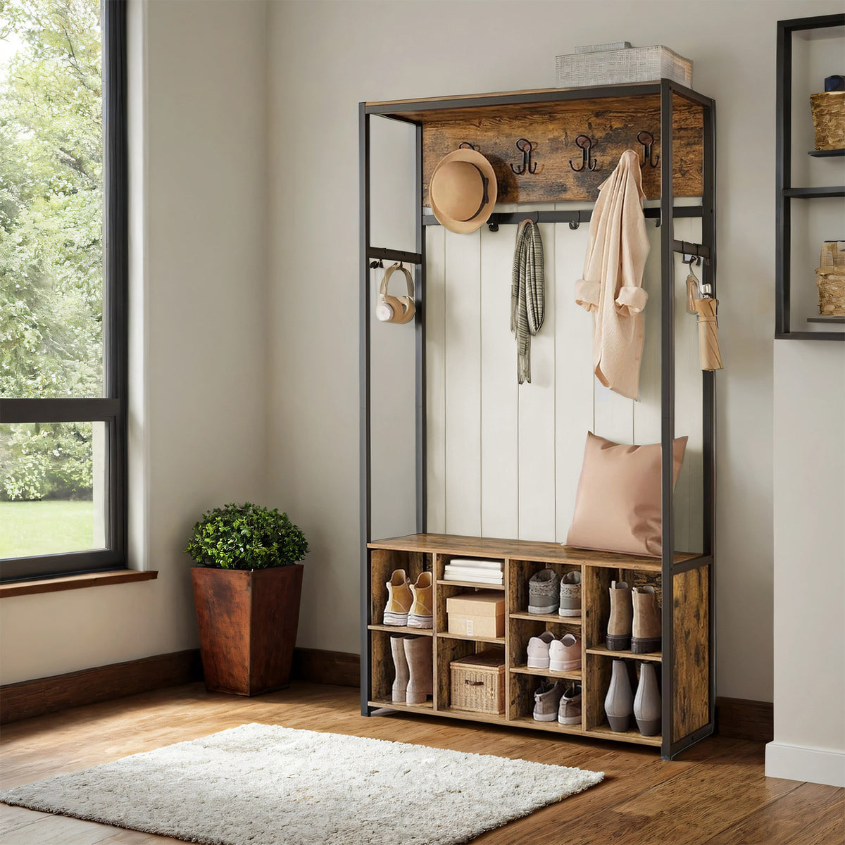 Industrial Hall Tree with Bench, Adjustable Shoe Shelves & 4 Tri-Hooks, Entryway Organizer, Max Load 300 lb, Rustic Brown and Ink Black