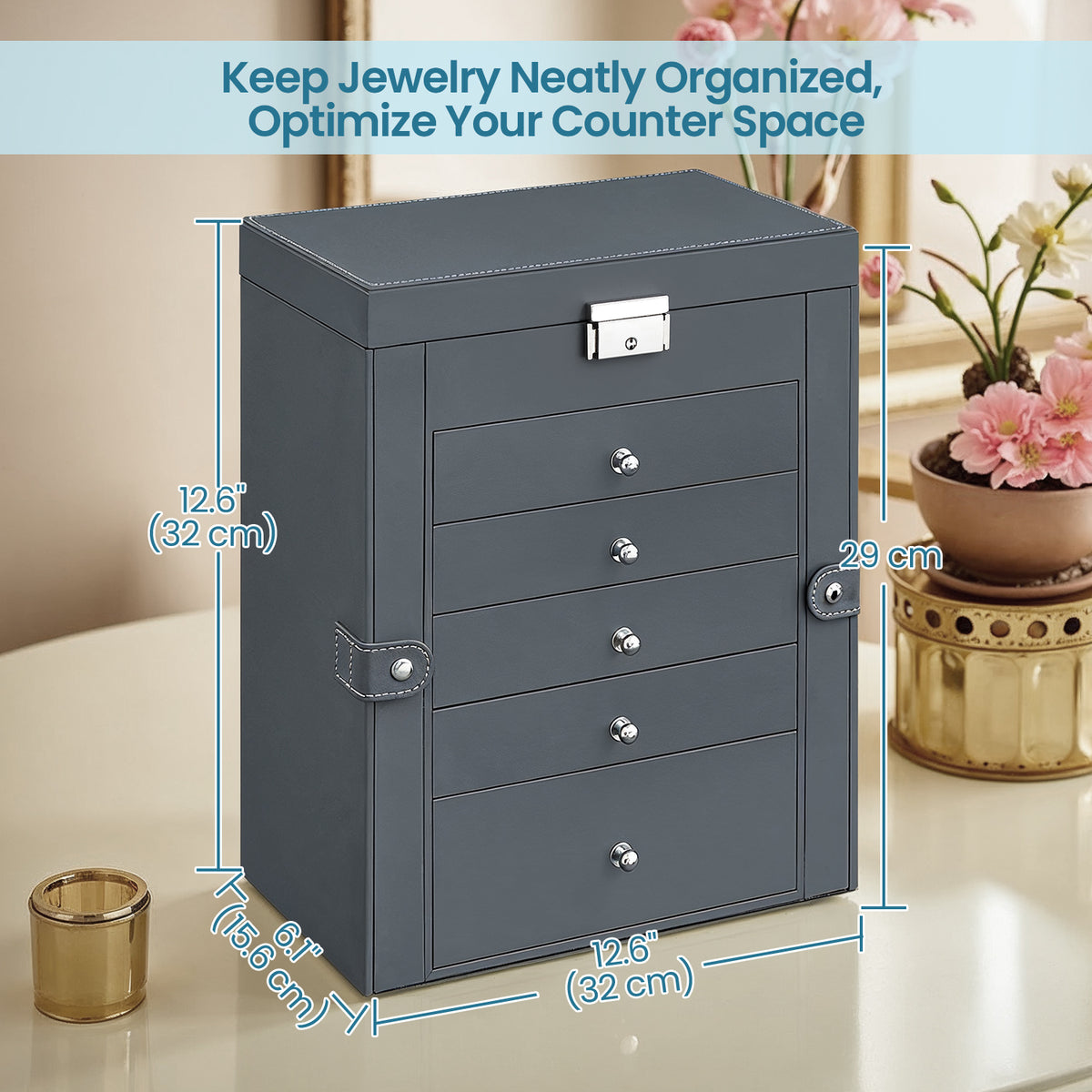 6-Tier Jewelry Storage Organizer with 5 Drawers, 4 Necklace Hooks, Lockable Mirror Case, Large Capacity for Earrings, Rings, Watches & Sunglasses, Gift for Women, Gray