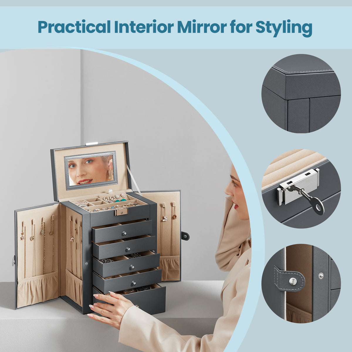 6-Tier Jewelry Storage Organizer with 5 Drawers, 4 Necklace Hooks, Lockable Mirror Case, Large Capacity for Earrings, Rings, Watches & Sunglasses, Gift for Women, Gray