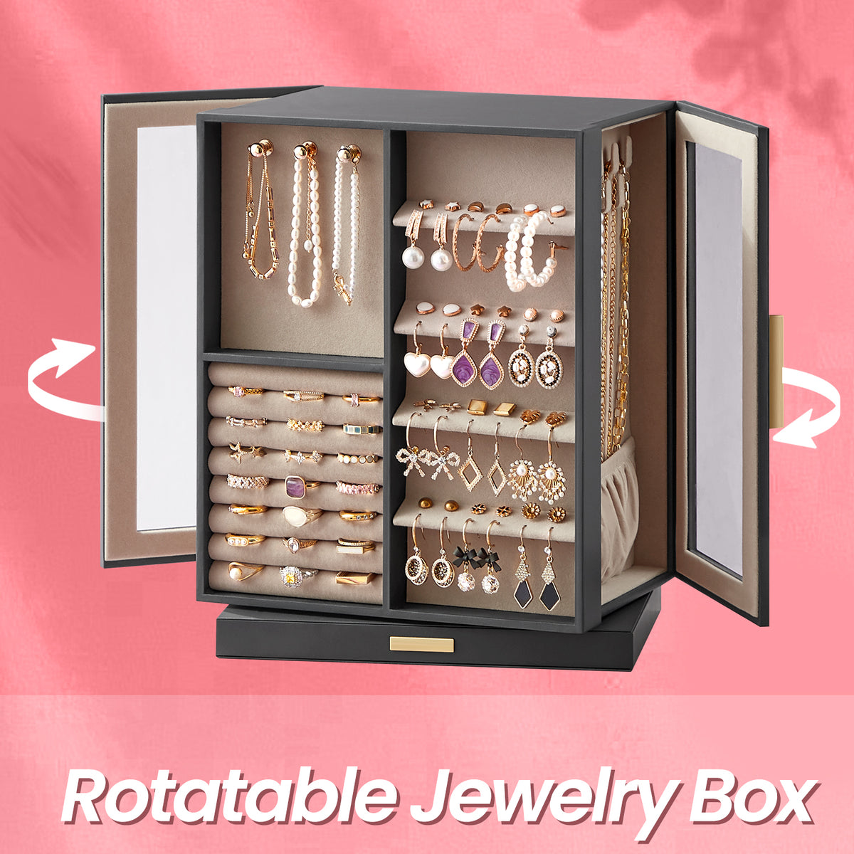 360° Rotating Jewelry Organizer with 5 Drawers, 18 Necklace Hooks, Glass Window & Velvet Lining , Vertical Storage for Rings, Earrings, Necklaces ,Slate Gray