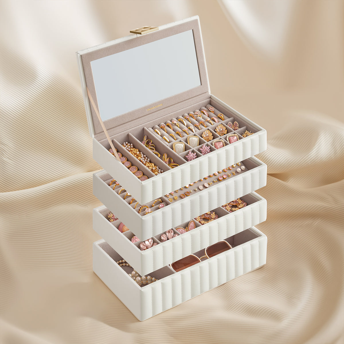 4-Tier Stackable Jewelry Organizer with Mirror and PU Surface, Velvet Lined Storage, Floating Base, Cloud White
