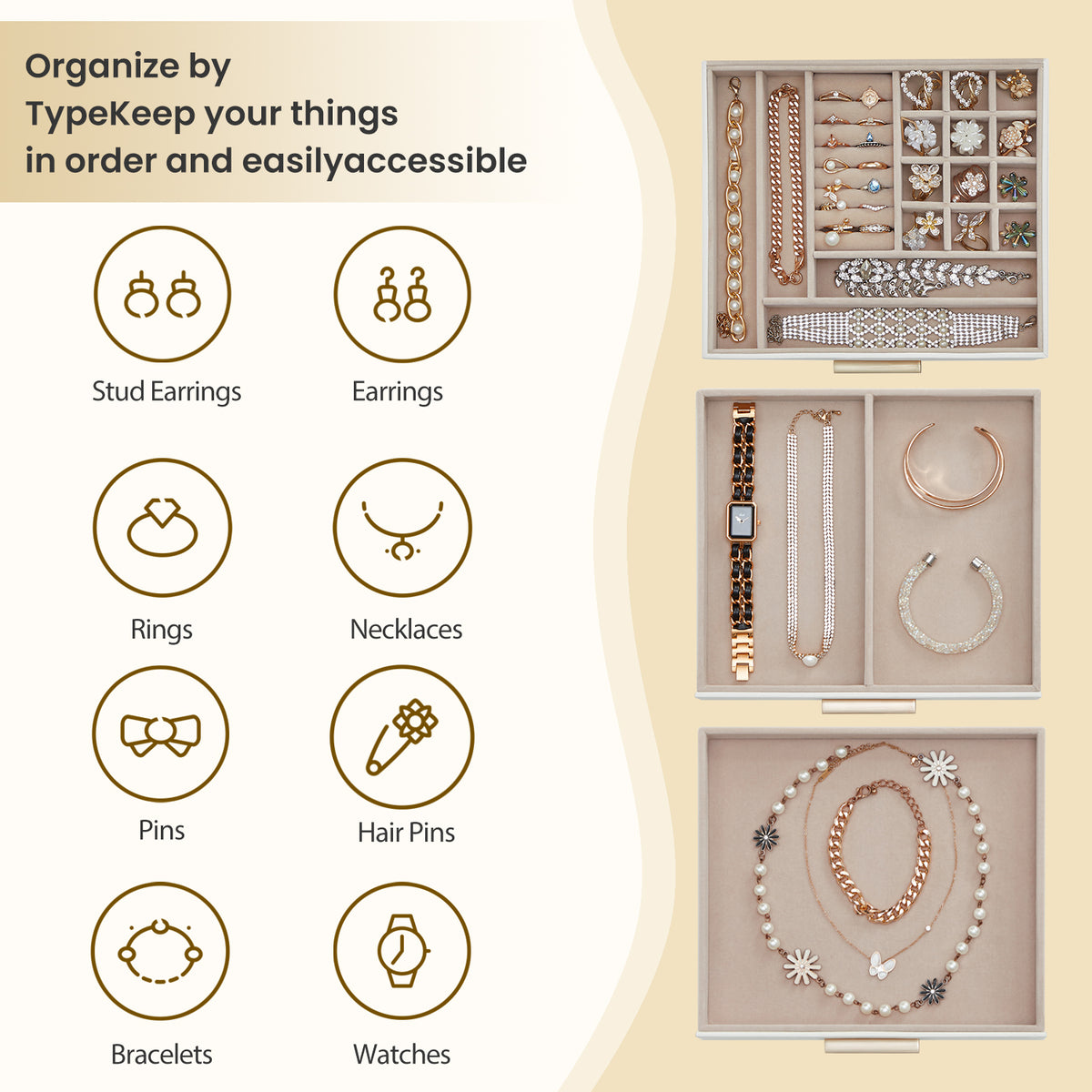 Jewelry Box Organizer with Glass Lid, 3-Layer Jewelry Storage