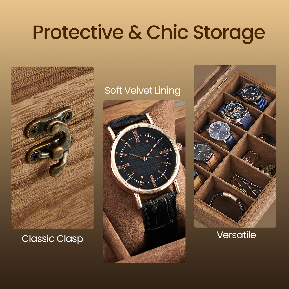 10-Slot Solid Wood Watch Box with Glass Lid, Velvet-Lined Display Case with Removable Pillows, Rustic Walnut