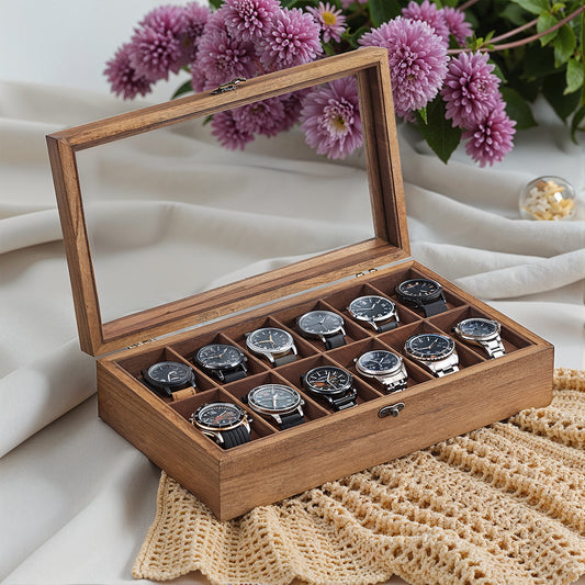 12-Slot Luxury Watch Box with Glass Top, Solid Wood Display Case with Velvet Pillows, Rustic Walnut