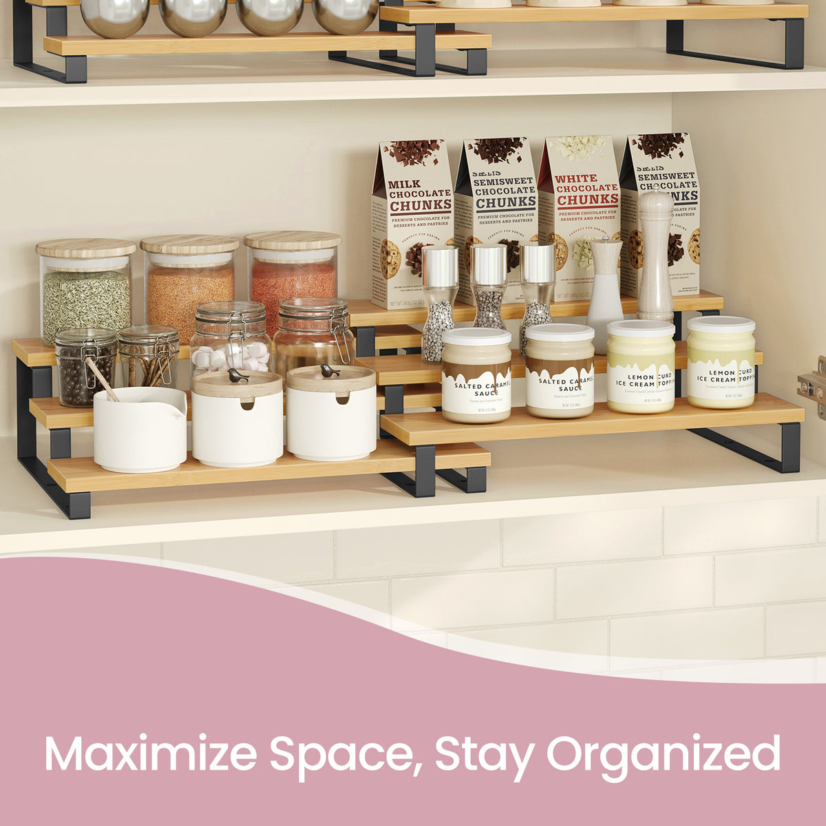 3-Tier Display Stand - Engineered Wood Perfume & Spice Organizer, Stackable Shelf Riser, 6.6lb Capacity, 2-Pack, Natural Beige and Black