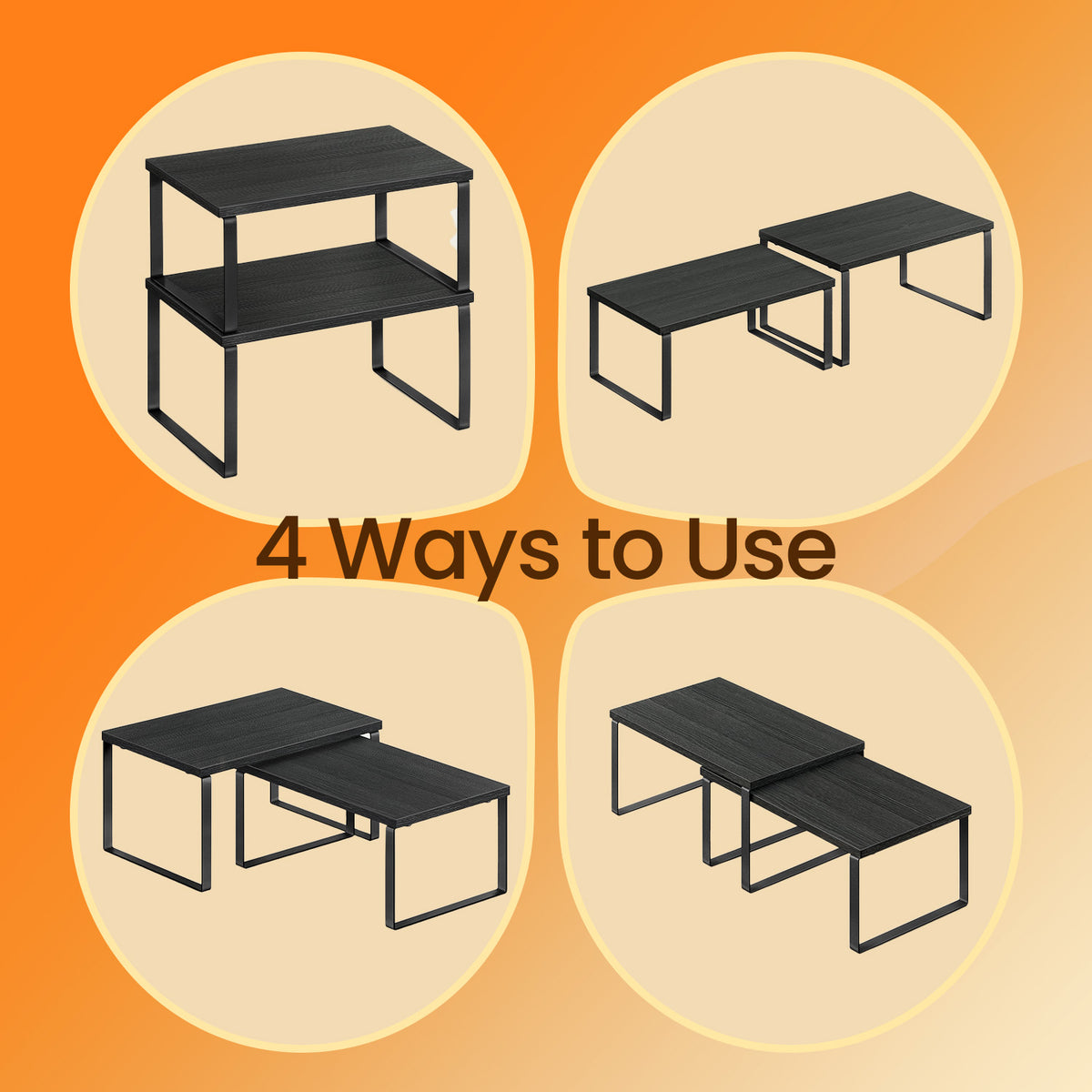 4-Pack Kitchen Organizer Shelves - Stackable, 33lb Capacity, Adjustable Storage Rack, Metal/Wood, Ink Black and Ebony Black