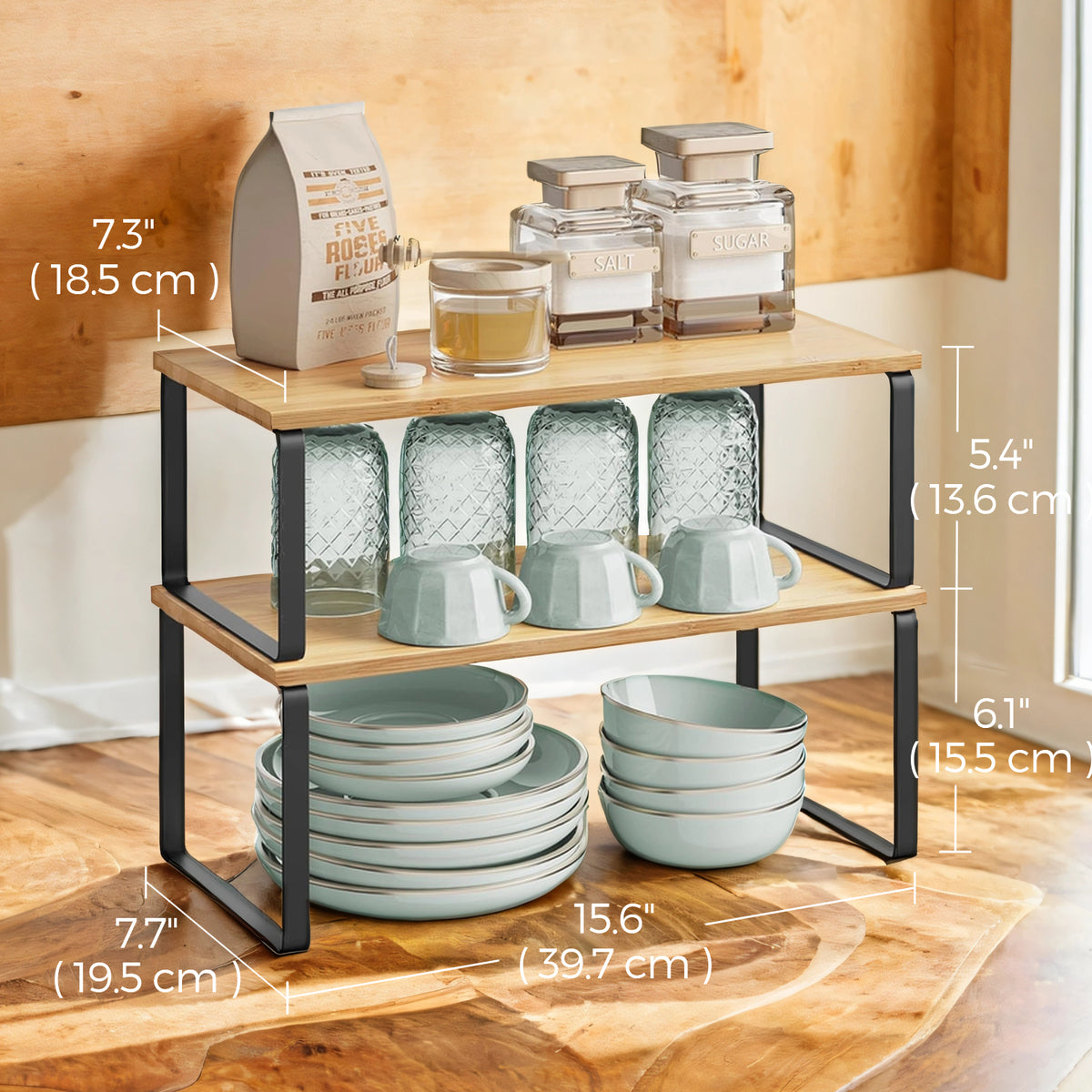 2-Pack Adjustable Kitchen Shelves - Stackable Organizer Rack, 33lb Capacity, Multi-Configurable, Ink Black and Natural Beige