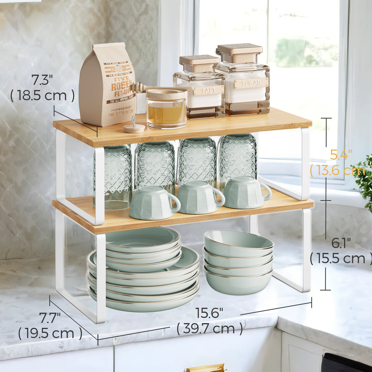 2-Pack Adjustable Kitchen Shelf Organizers - Stackable, Expandable Storage Rack for Spices, 33lb Capacity,  Cloud White and Natural Beige