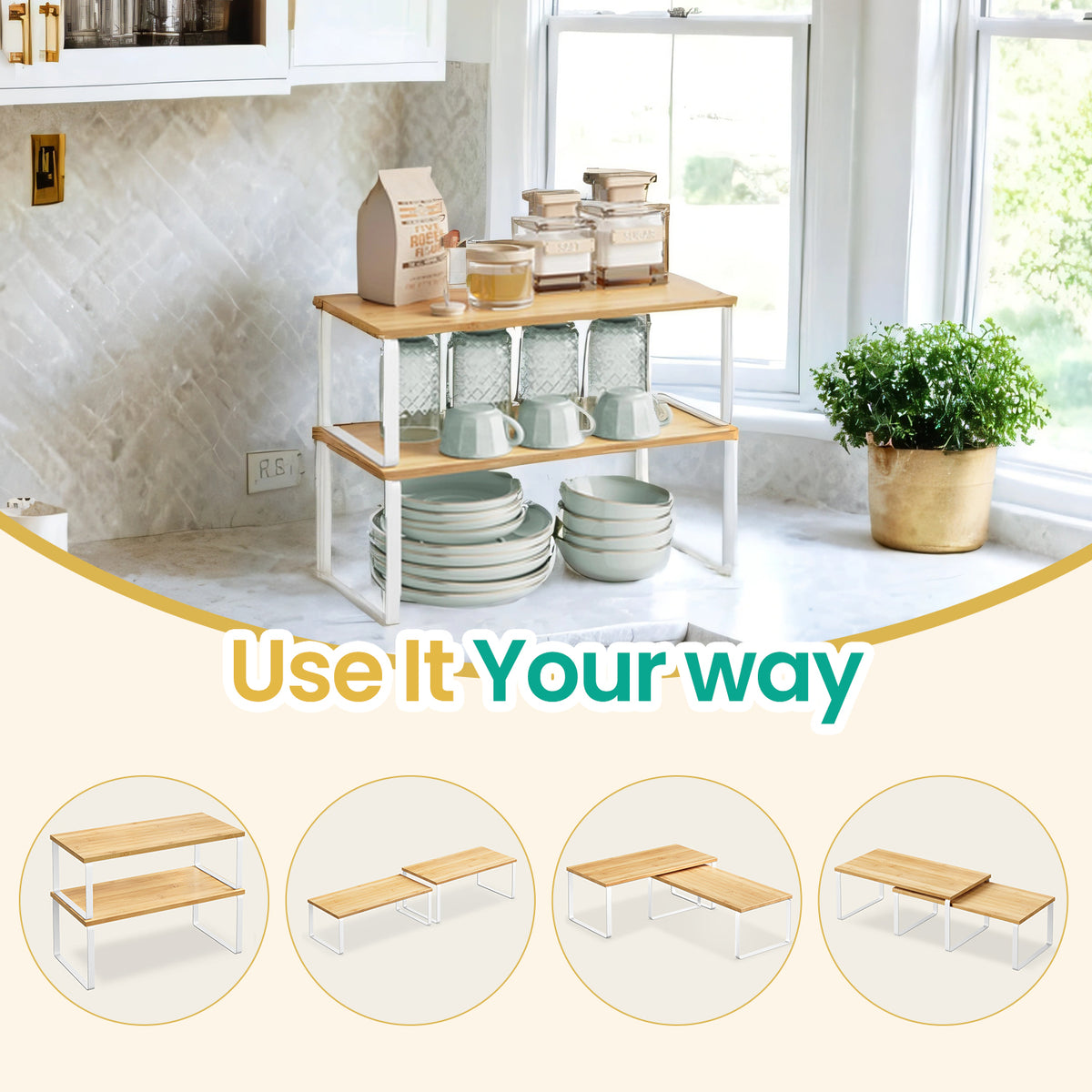 2-Pack Adjustable Kitchen Shelf Organizers - Stackable, Expandable Storage Rack for Spices, 33lb Capacity,  Cloud White and Natural Beige