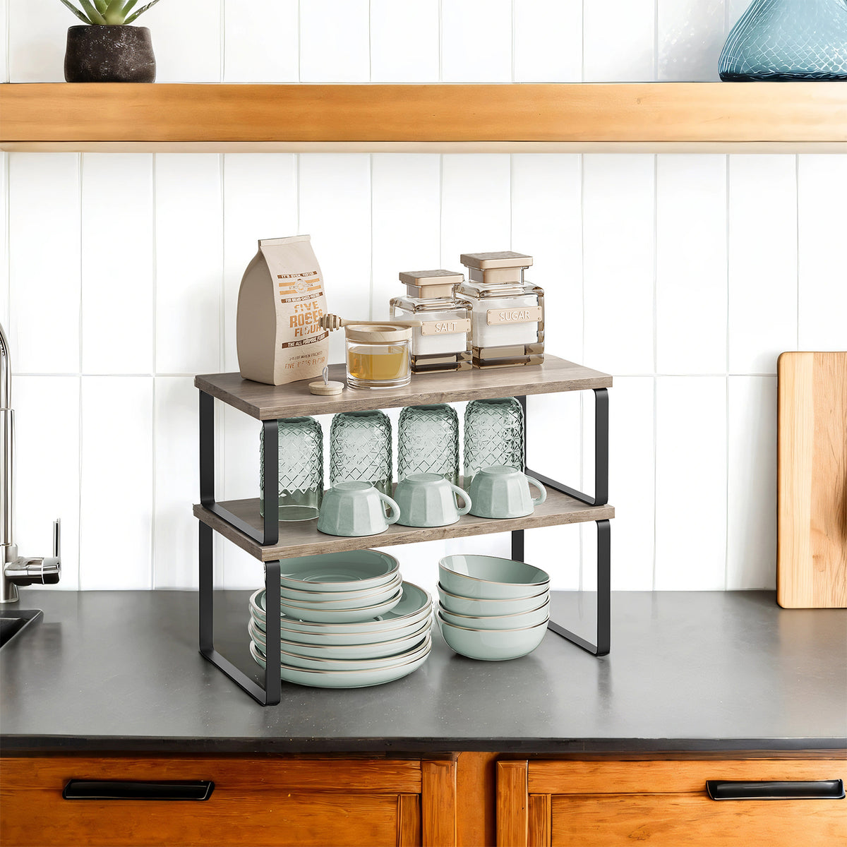 2-Pack Kitchen Organizer Shelves - Stackable, 33lb Capacity, 5-Way Adjustable, Metal/Wood Construction, Ink Black and Heather Greige