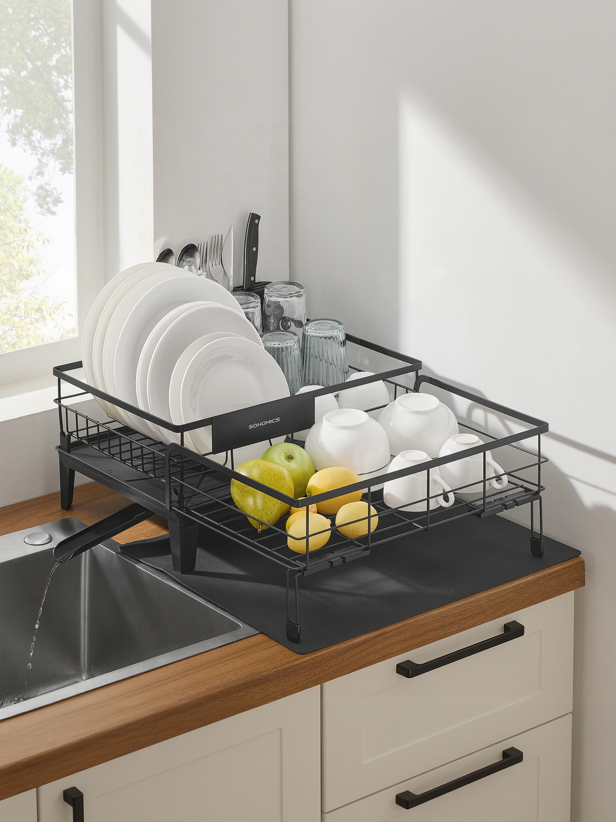 Expandable Dish Drying Rack with Drainboard, Adjustable 12.2-22 Inch Dish Rack with Rotatable Spout and Cutlery Holder, Ink Black