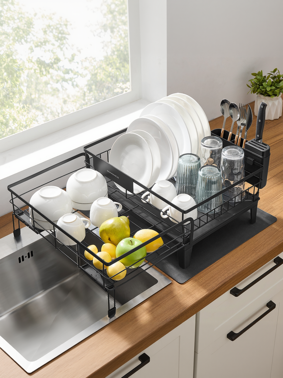 Expandable Dish Drying Rack with Drainboard, Adjustable 12.2-22 Inch Dish Rack with Rotatable Spout and Cutlery Holder, Ink Black