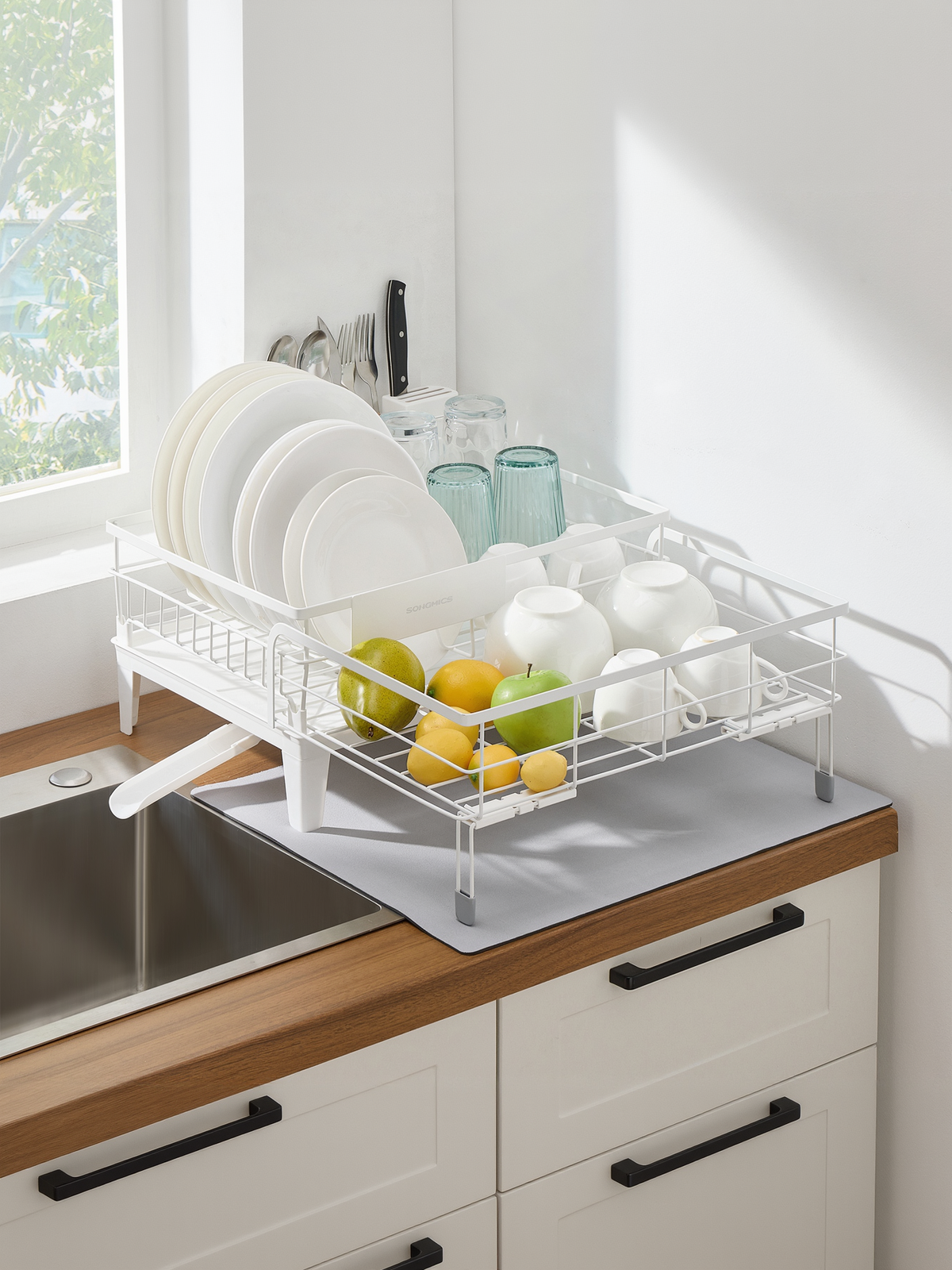 Expandable Dish Drying Rack with Drainboard, Adjustable 12.2-22 Inch Dish Rack with Rotatable Spout and Silicone Mat, Matte White and Dove Gray