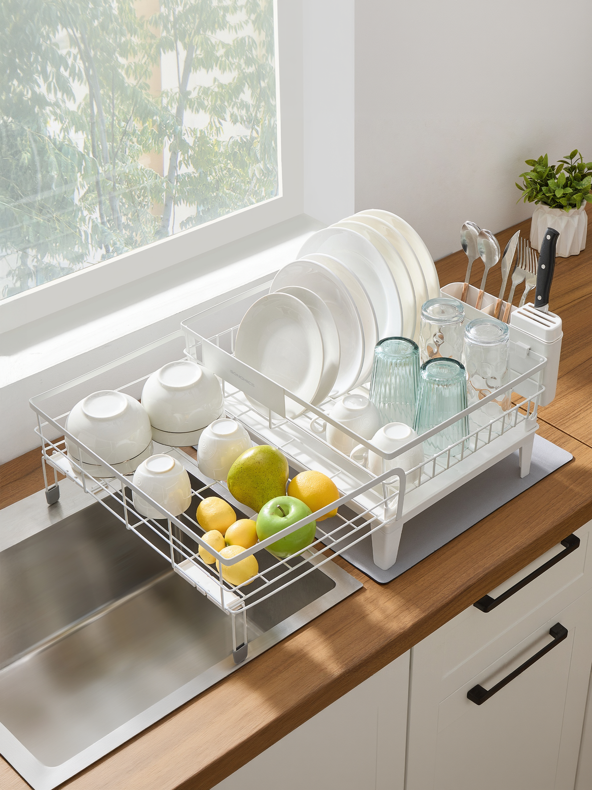 Expandable Dish Drying Rack with Drainboard, Adjustable 12.2-22 Inch Dish Rack with Rotatable Spout and Silicone Mat, Matte White and Dove Gray
