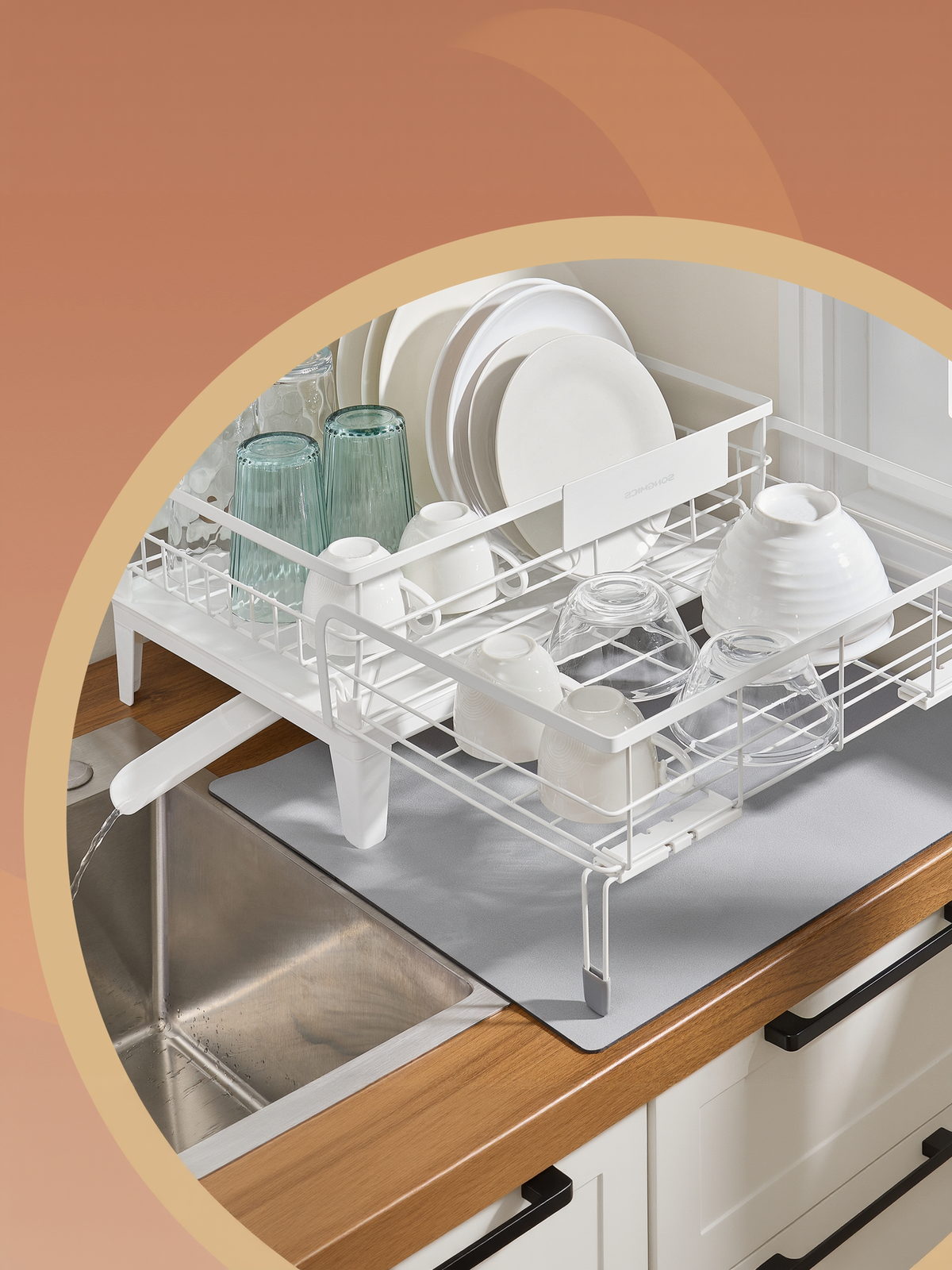 Expandable Dish Drying Rack with Drainboard, Adjustable 12.2-22 Inch Dish Rack with Rotatable Spout and Silicone Mat, Matte White and Dove Gray