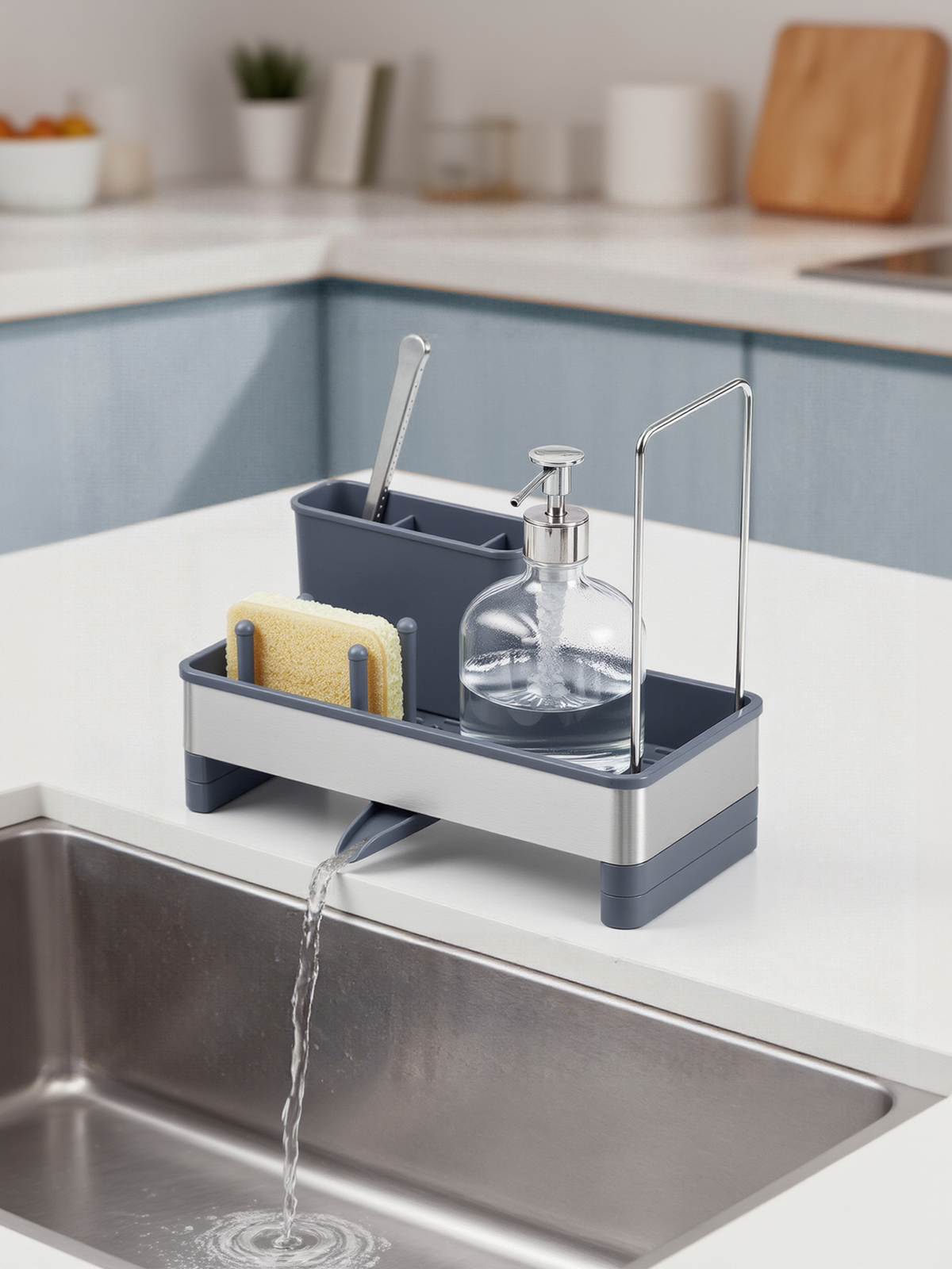 Rotatable Spout Sink Caddy Organizer, Stainless Steel Sink Organizer with Sponge and Soap Holder for Kitchen and Bathroom, Slate Grey and Silver