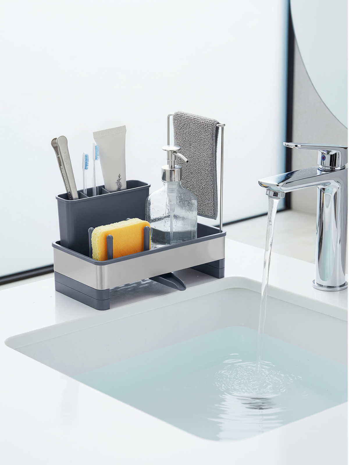 Rotatable Spout Sink Caddy Organizer, Stainless Steel Sink Organizer with Sponge and Soap Holder for Kitchen and Bathroom, Slate Grey and Silver