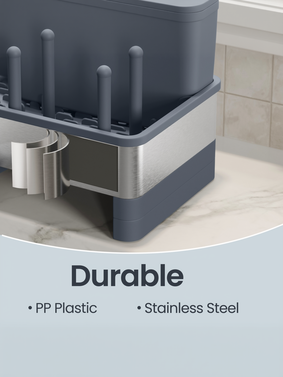 Rotatable Spout Sink Caddy Organizer, Stainless Steel Sink Organizer with Sponge and Soap Holder for Kitchen and Bathroom, Slate Grey and Silver