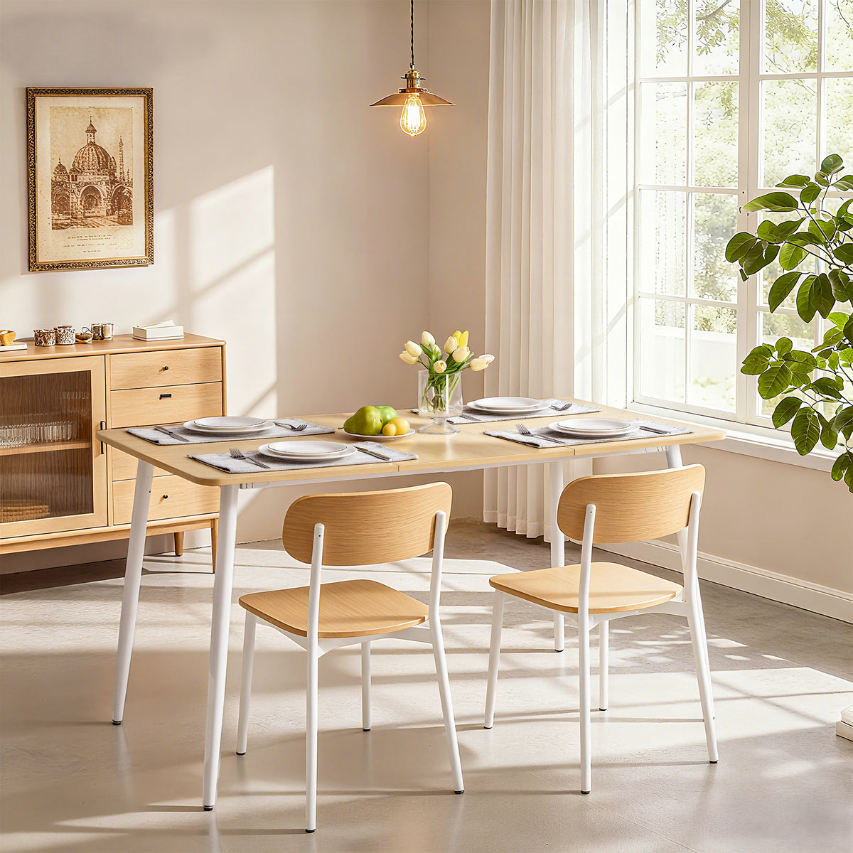 Dining Table, Modern Farmhouse Kitchen Table for 4-6 People, Rectangular with Heat-Resistant Surface & Splayed Legs, Quick Assembly, Golden Oak and Cloud White