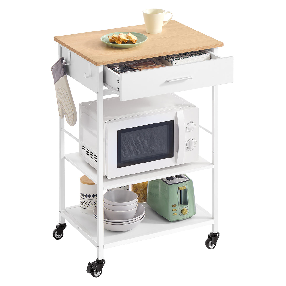 Kitchen Rolling Island Cart with Drawer, Adjustable Shelf, Hooks, and Wheels, Mobile Kitchen Storage and Prep Table, Oak Beige and Matte White