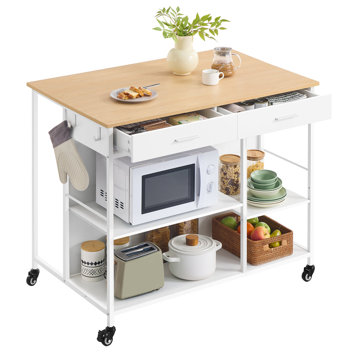 Kitchen Rolling Island Cart with 2 Drawers, Adjustable Shelves, Hooks, Mobile Kitchen Storage and Prep Table, Large Worktop, Oak Beige and Matte White