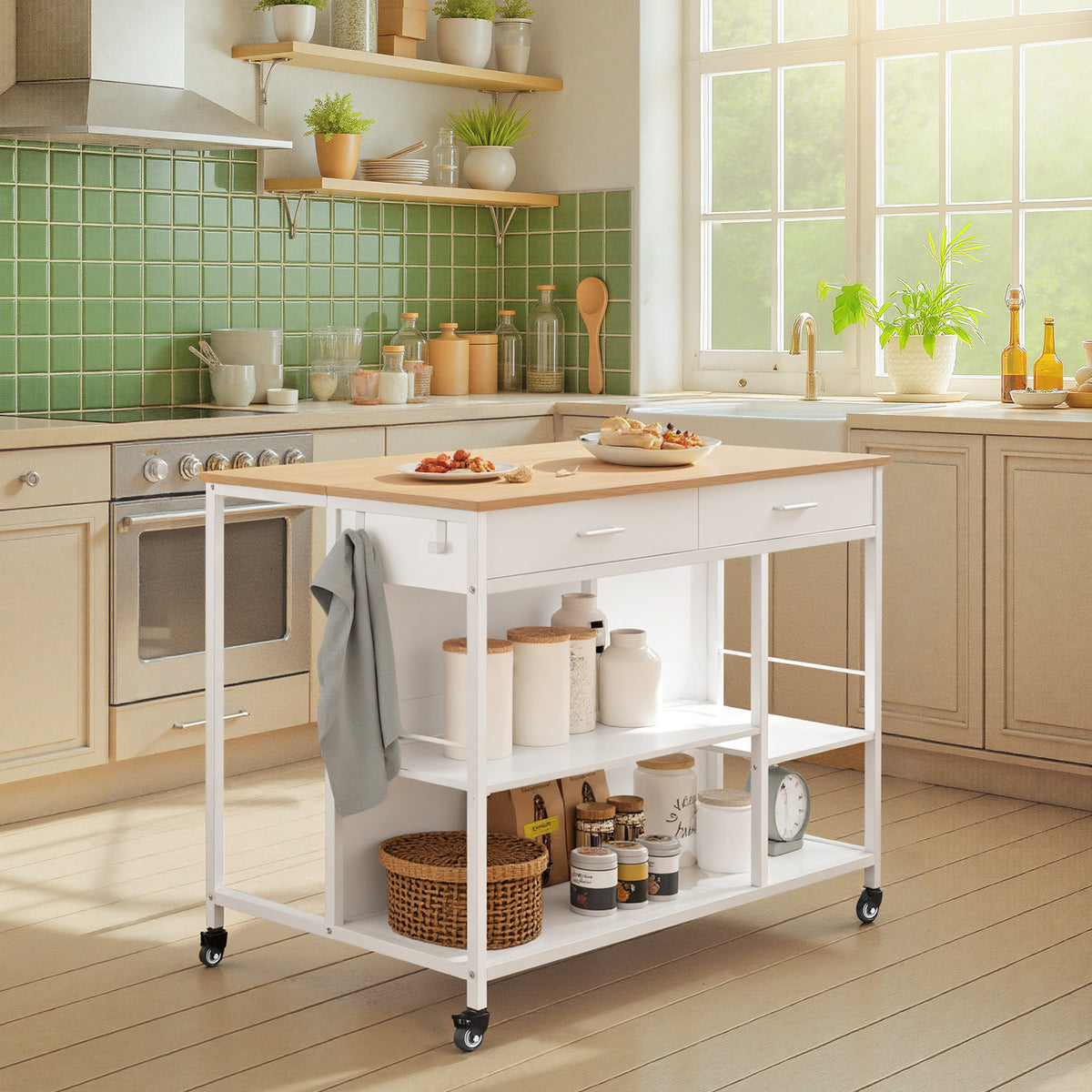 Kitchen Rolling Island Cart with 2 Drawers, Adjustable Shelves, Hooks, Mobile Kitchen Storage and Prep Table, Large Worktop, Oak Beige and Matte White
