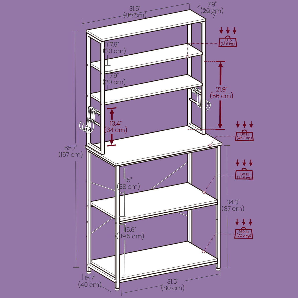 31.5" Coffee Bar & Kitchen Baker's Rack - 6-Tier Storage Shelf with Adjustable Shelf & Hooks, Rustic Brown and Black