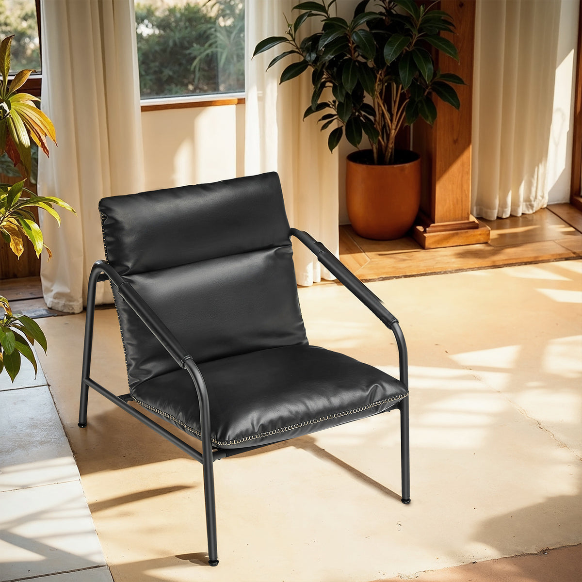 Mid-Century Modern Accent Chair, Metal Framed Armchair with Synthetic Leather Cushion, Sling Lounge Chair for Living Room or Bedroom, Ink Black