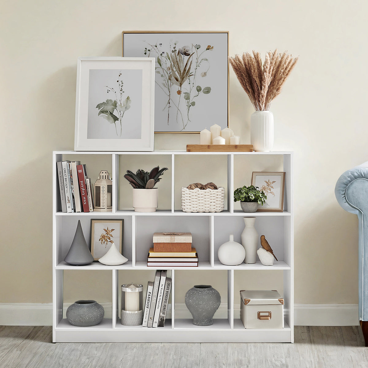 Bookshelf - 11-Compartment Storage Unit, 386lb Capacity, Wall-Mountable, Multi-Directional Use, Easy Assembly, Cloud White
