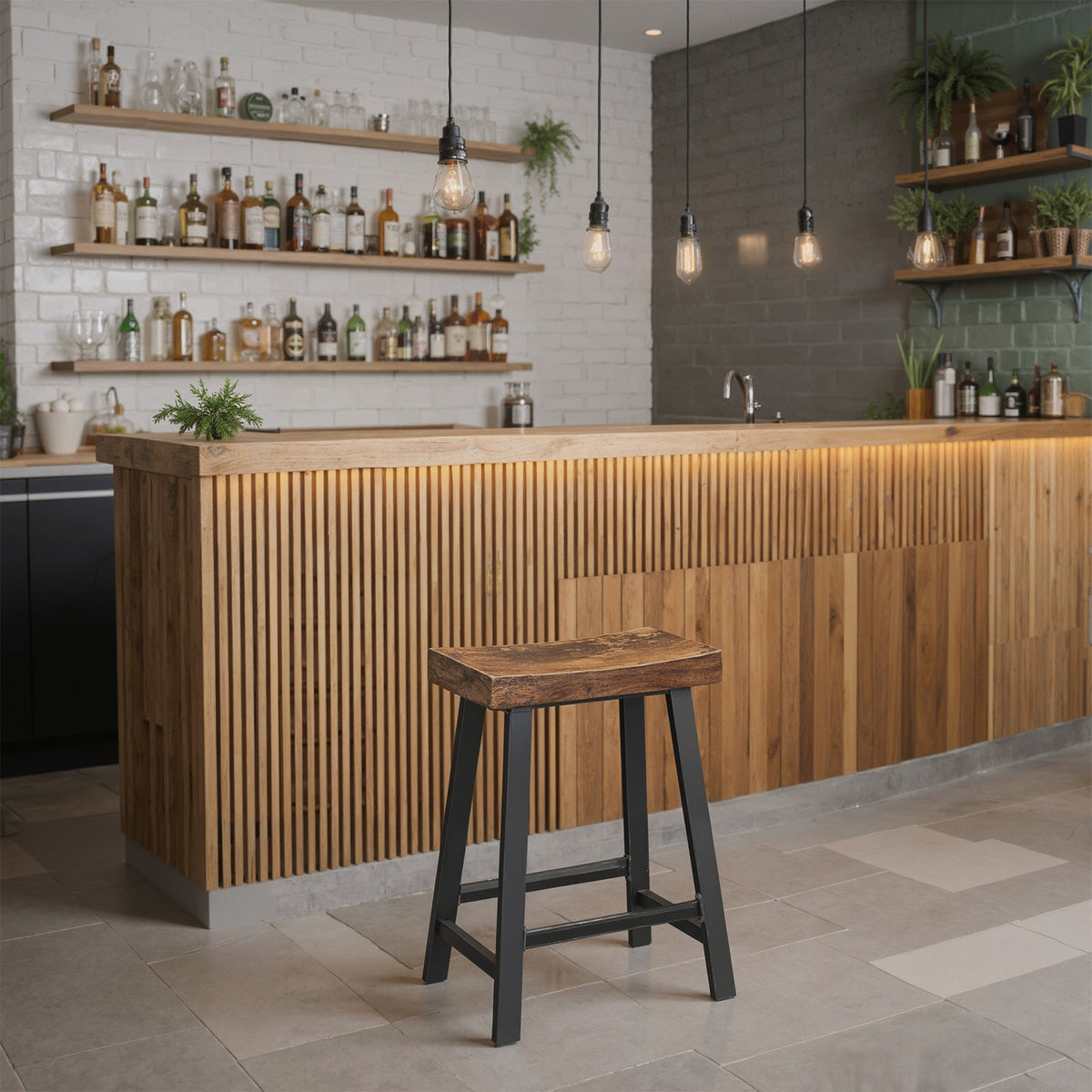Set of 2 Industrial Bar Stools with Footrest, 23.6" Counter Height, Kitchen Bar Stools, Easy Assembly, Rustic Brown and Black