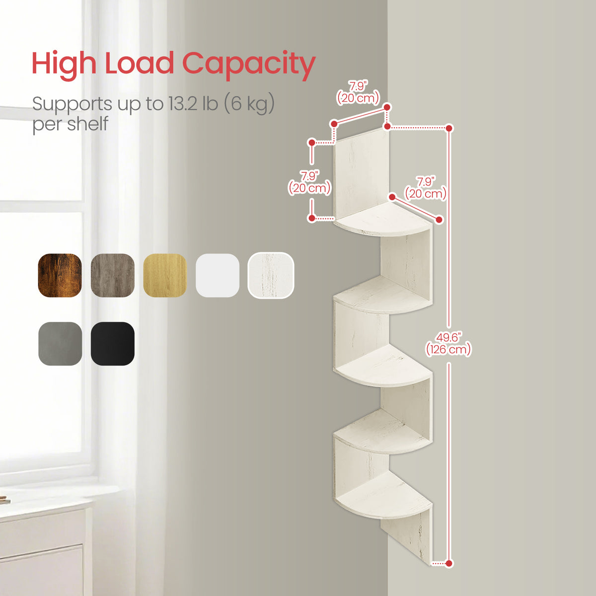 Floating Corner Shelf - 5-Tier Wall Mount Bookshelf, Space-Saving Design, 13.2lb Capacity per Shelf, Rustic White
