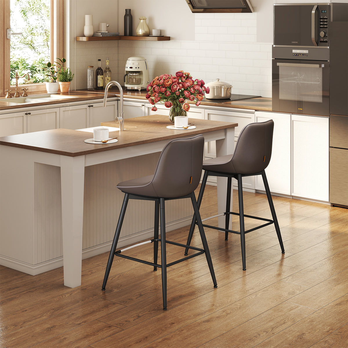 Counter Height Bar Stools Set of 2, Ergonomic Backrest & Synthetic Leather Seat, Sturdy Metal Frame & Leveling Feet, Swivel Kitchen Island Stools for Home Bar, Chestnut Brown