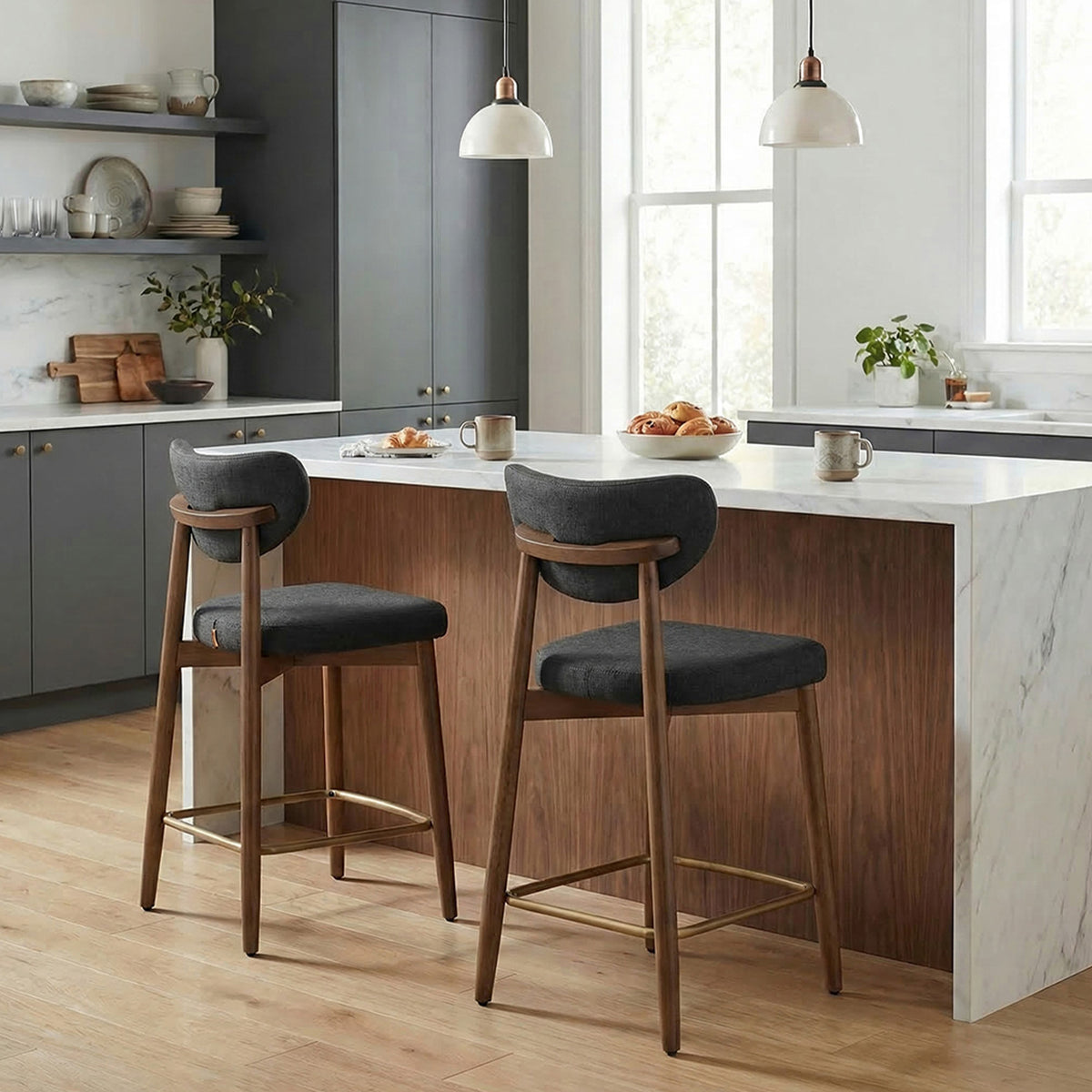 Bar Stools Set of 2, Counter Height Dining Chairs with Solid Wood Legs & Ergonomic Backrest, Upholstered Mid-Century Modern Stools for Kitchen Island, Ink Black