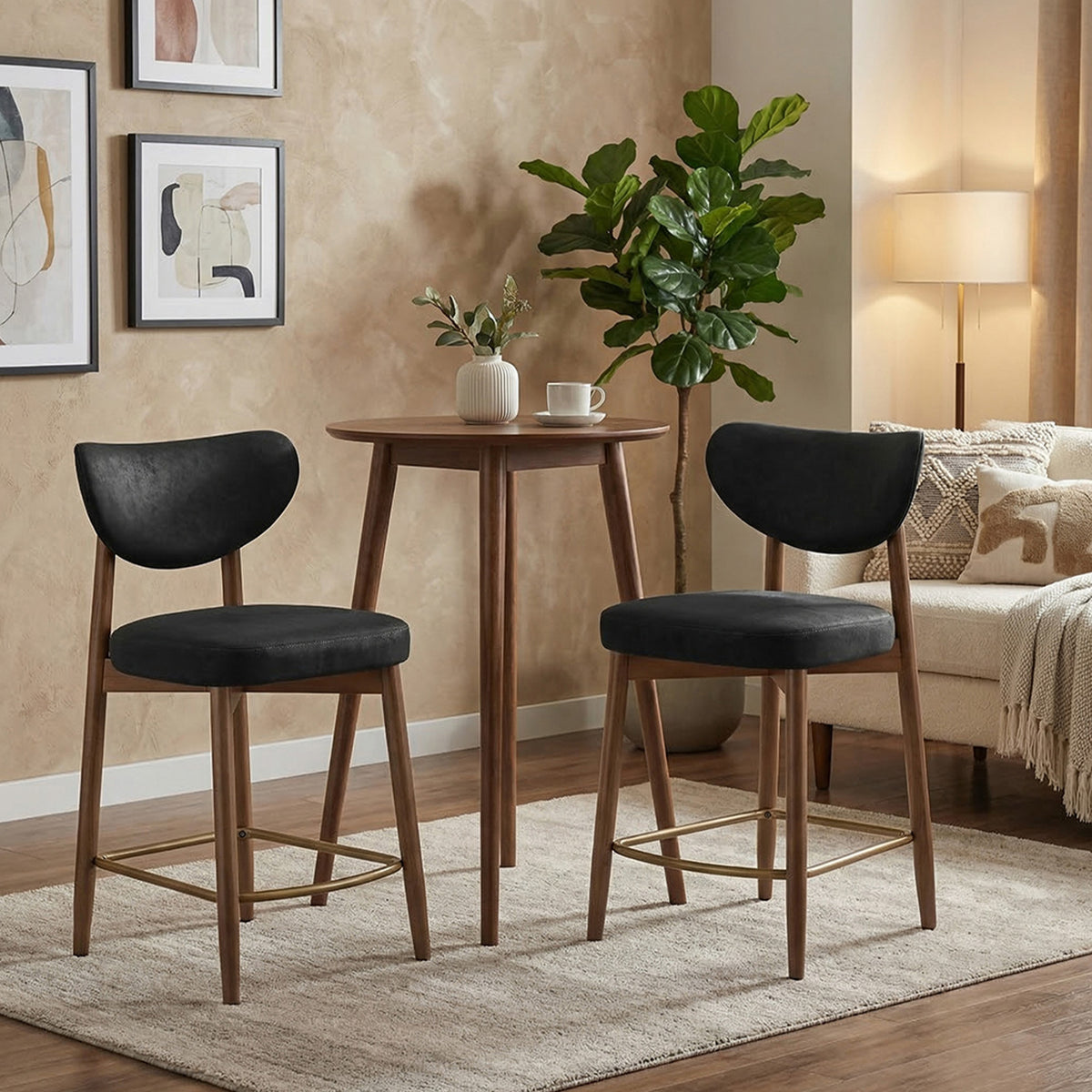 Bar Stools Set of 2, Counter Height Dining Chairs with Solid Wood Legs & Ergonomic Backrest, Upholstered Mid-Century Modern Stools for Kitchen Island, Ink Black
