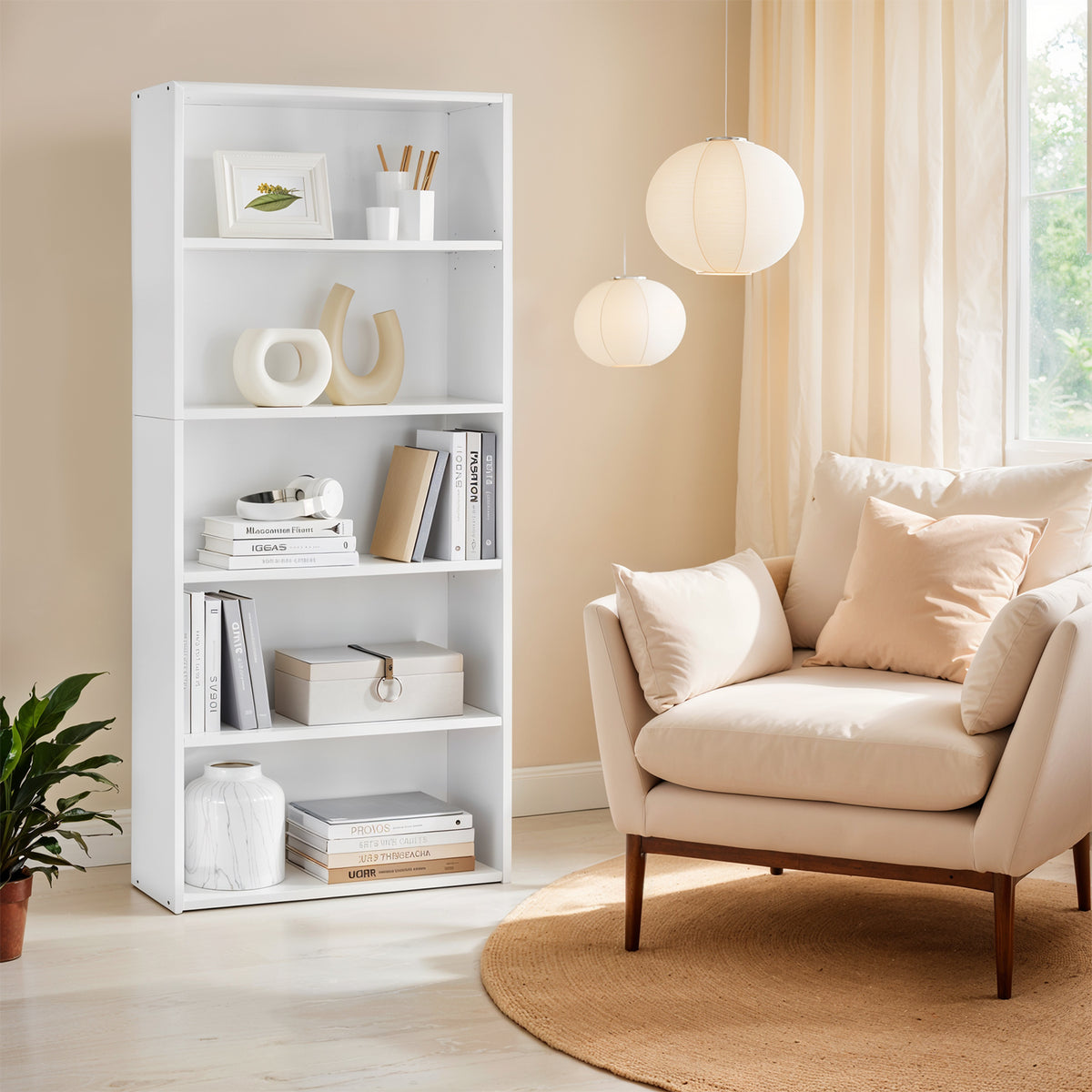 5-Tier Bookcase, Adjustable Open Shelf Storage Unit, 23.6" Wide for Books & Decor, Easy Assembly, Cloud White