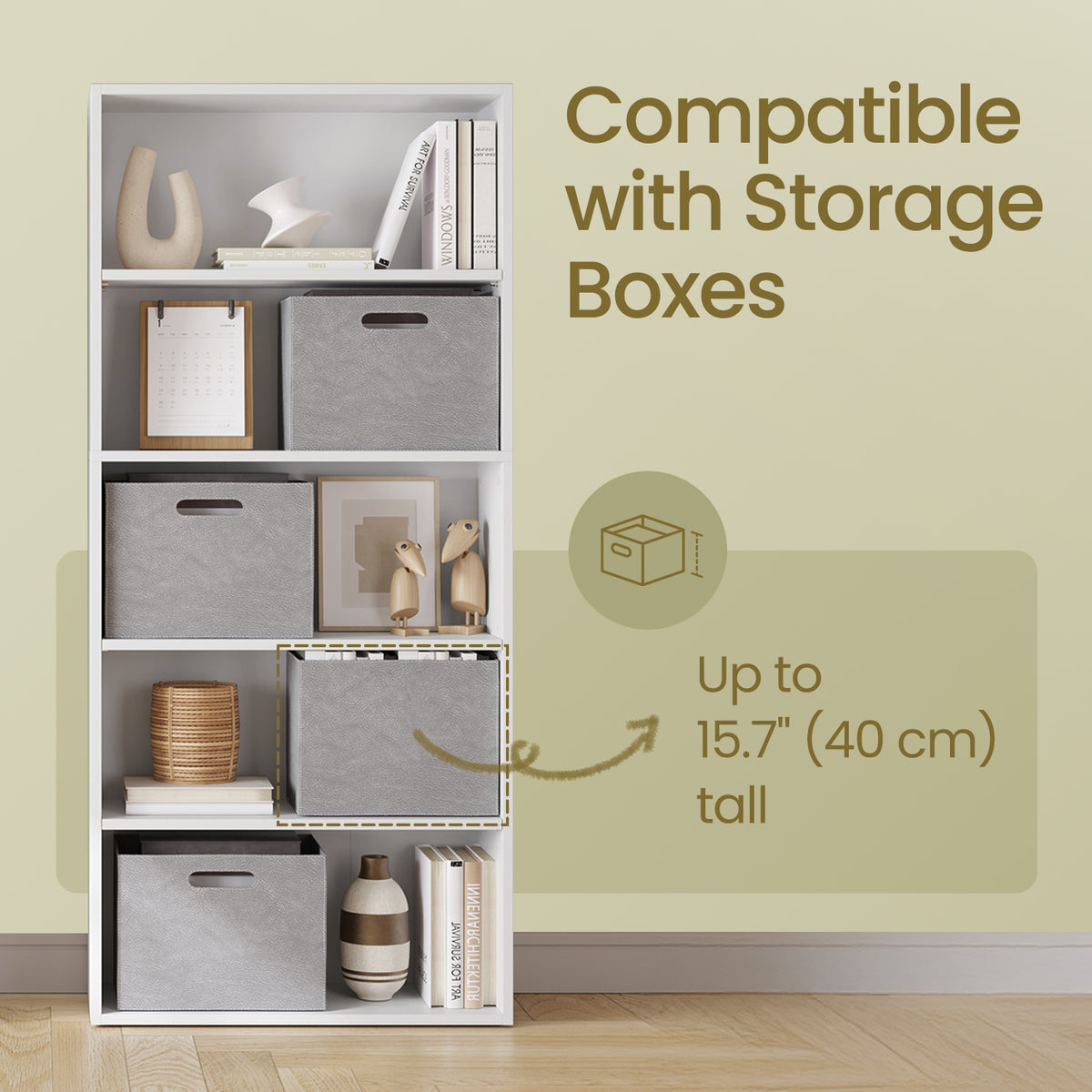 5-Tier Bookcase, Adjustable Open Shelf Storage Unit, 23.6" Wide for Books & Decor, Easy Assembly, Cloud White