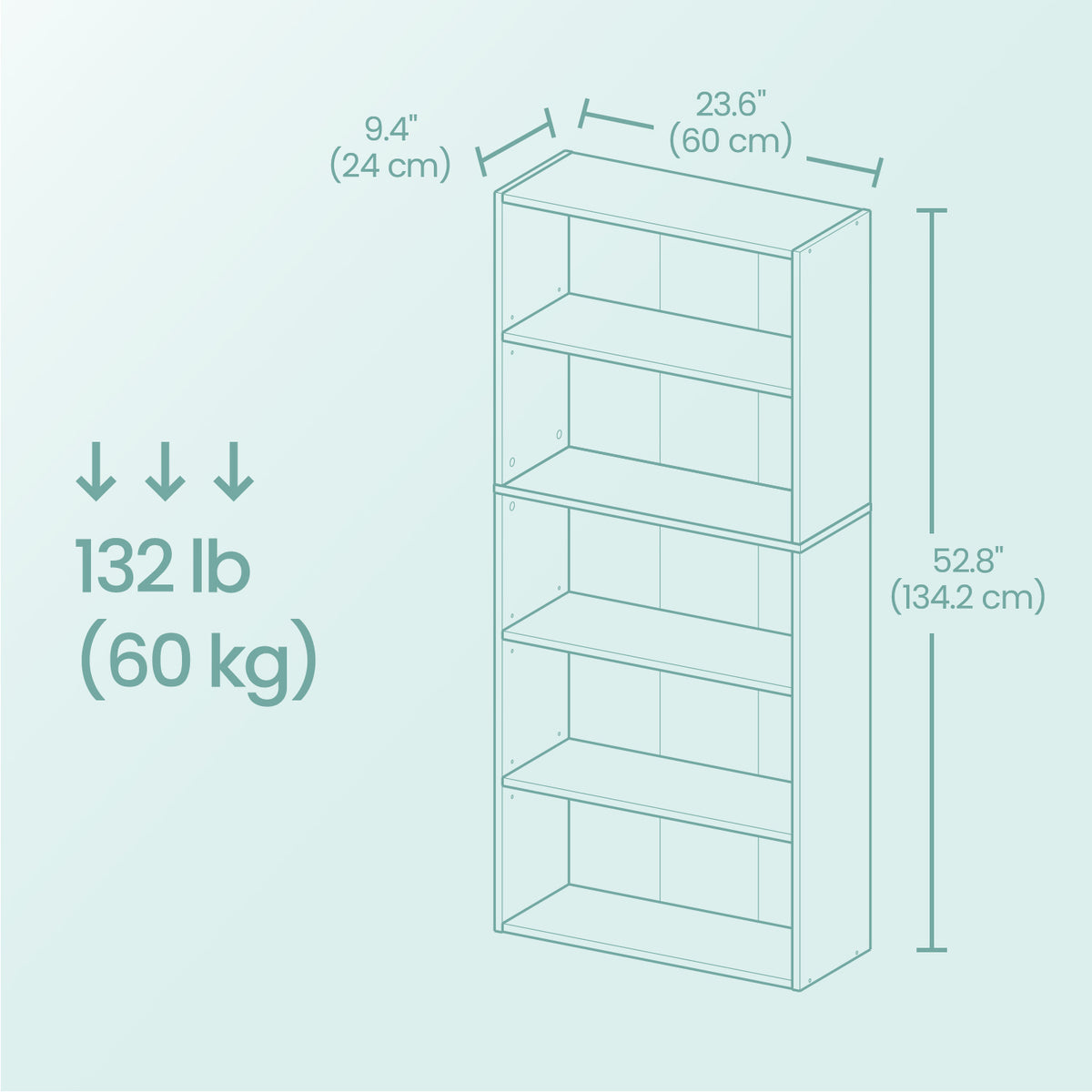 5-Tier Bookcase, Adjustable Open Shelf, 23.6" Wide Storage Unit for Books, Decor, Easy Assembly, Camel Brown