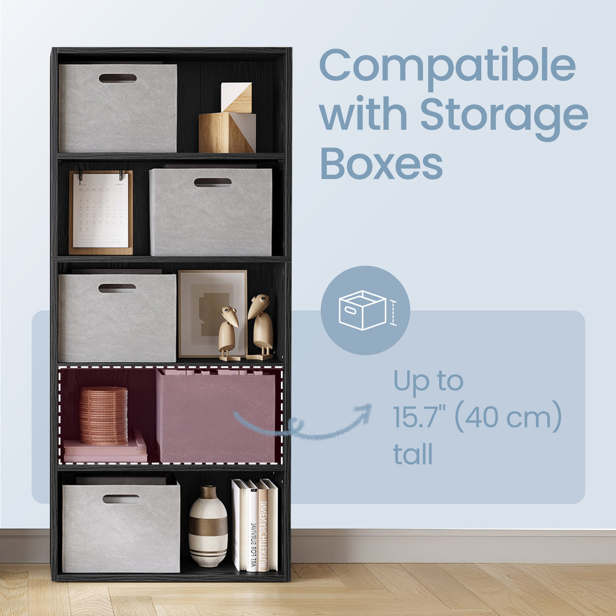 CUSTOS Collection 5-Tier Modern Bookcase, Adjustable Open Shelf Storage Unit for Living Room, Office, Tool-Free Assembly, Ebony Black