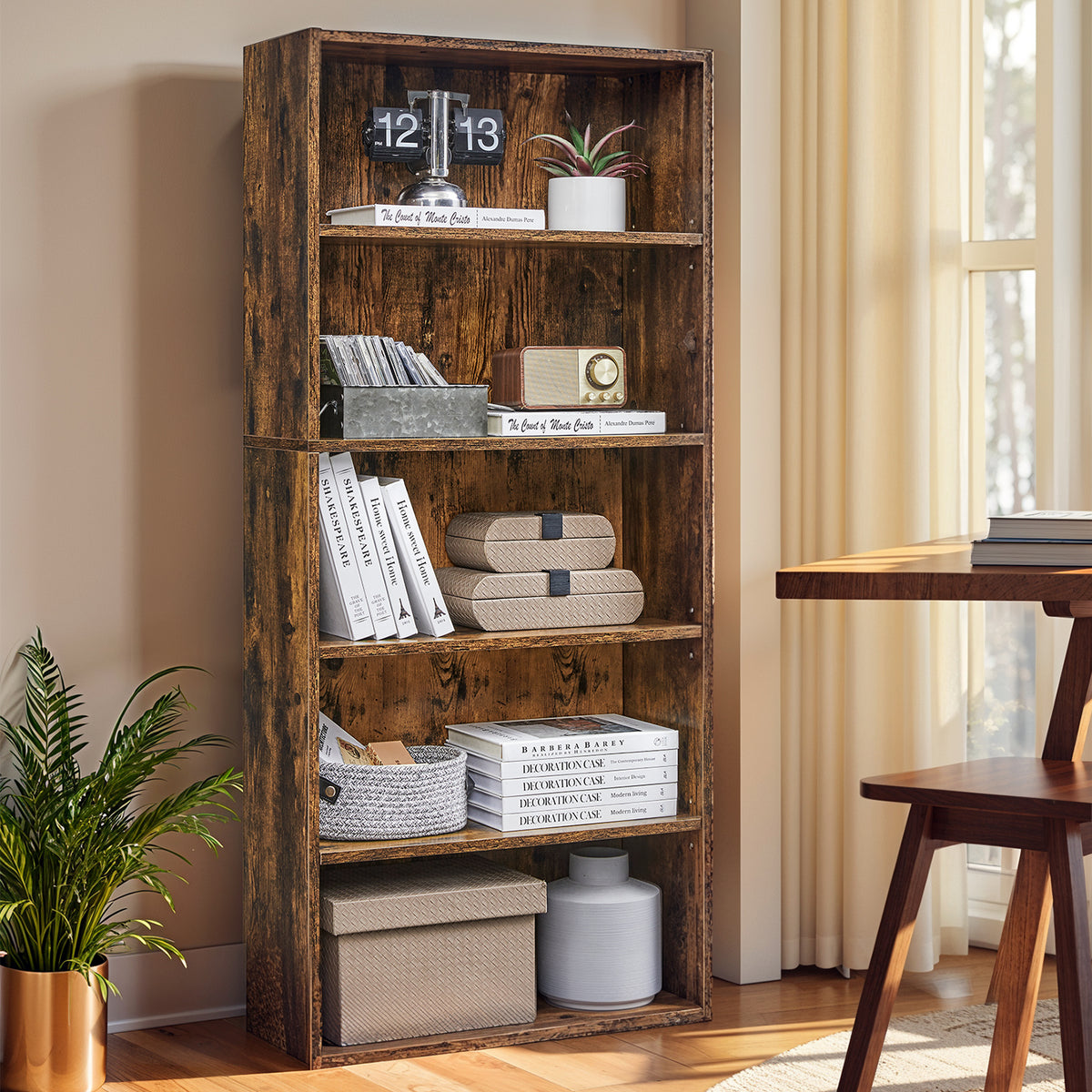 5-Tier Adjustable Bookcase, Open Shelf Storage Unit for Living Room, Office, Tool-Free Assembly, Rustic Brown