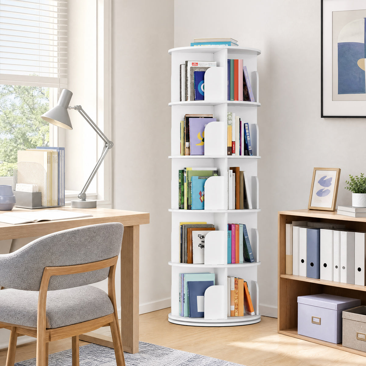 5-Tier Rotating Bookshelf, 360° Display Storage Rack with Bookends, 4 Compartments per Tier, Space-Saving Organizer for Living Room, Study, Bedroom, White